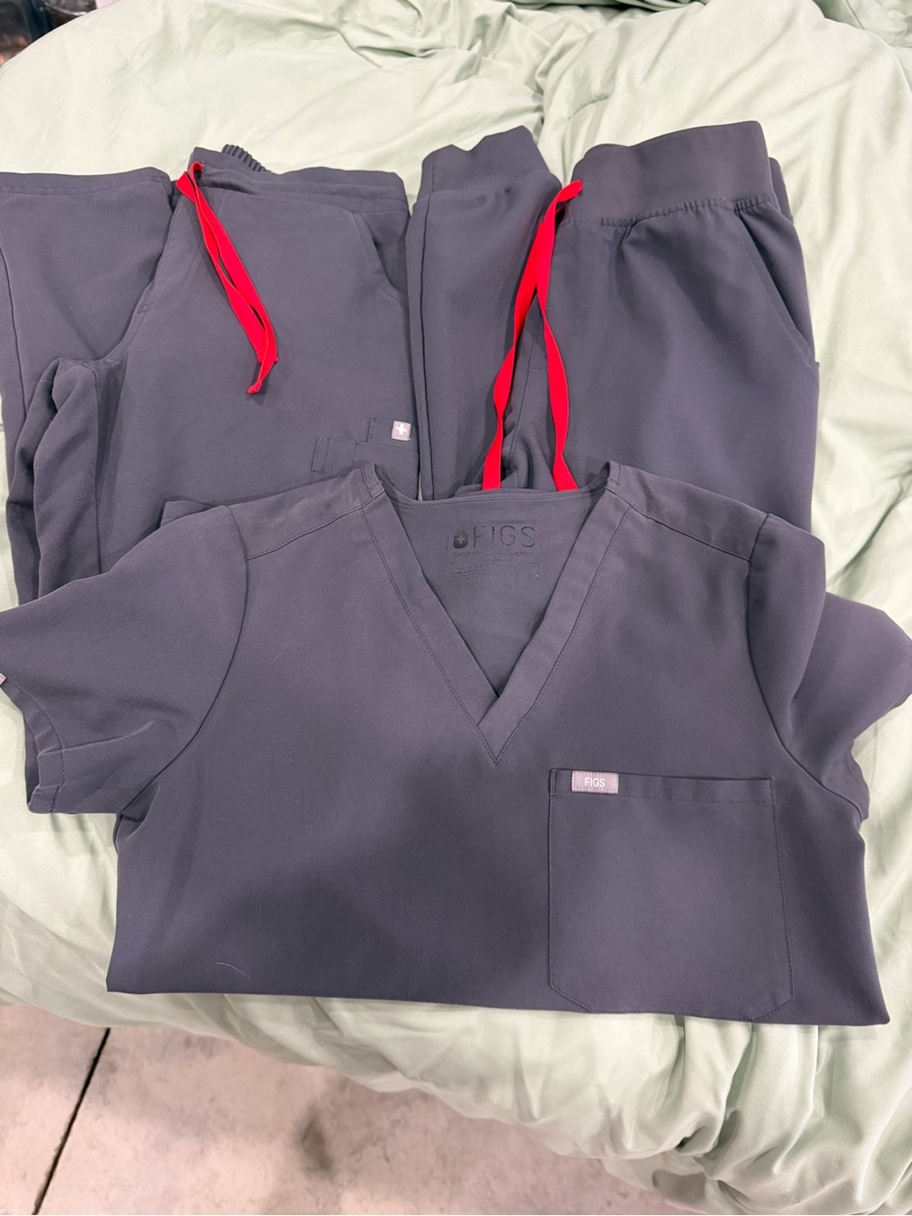 Figs grey Scrub Set with Red Drawstrings